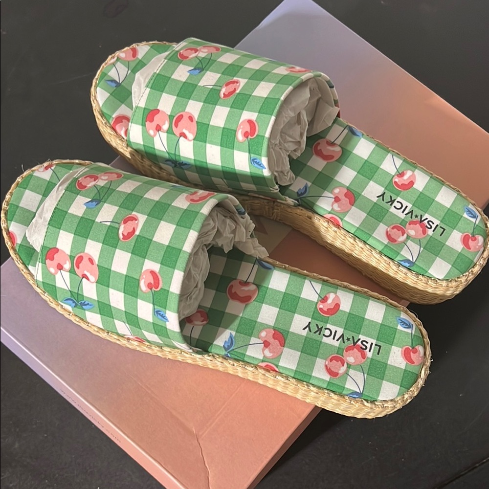 Green Checkered Espadrille Slides with Cherry Design